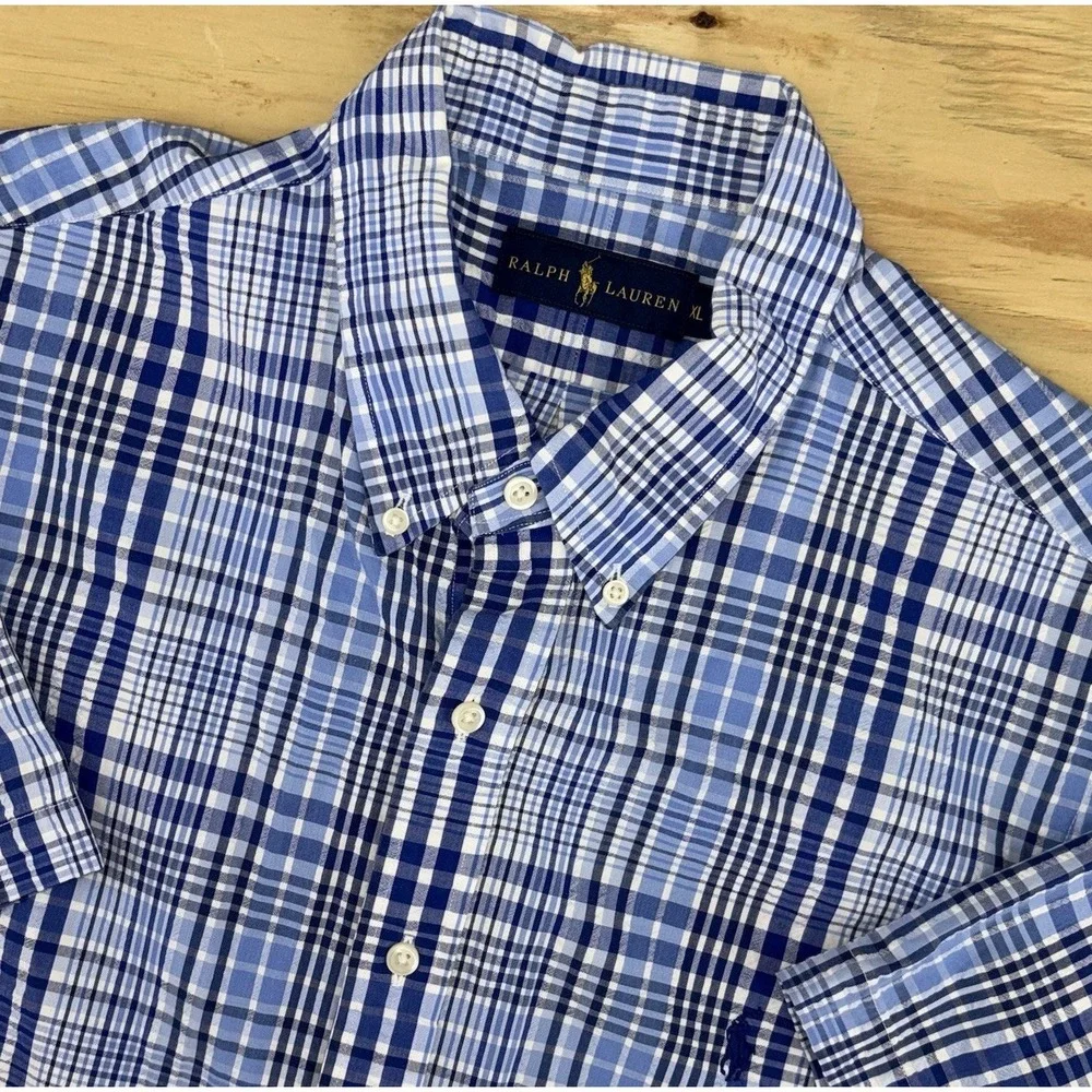 Polo Ralph Lauren Mens XL Short‎ Sleeve Blue Plaid Button Down 100% Cotton